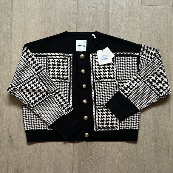 NWT sandro houndstooth pattern jules cardigan ivory/black size 1/FR 36 - Picture 2 of 12